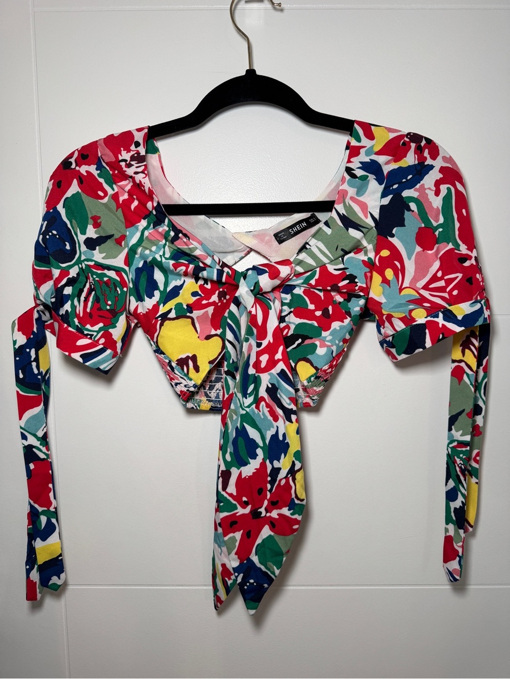 SHEIN Bright Multicolor Floral Tie-Front Cropped Top - Red/Green/Blue/Yellow